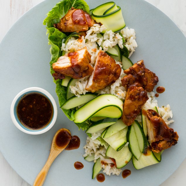 Huli-Huli Chicken with Pineapple Rice and Pickled Cucumber Salad