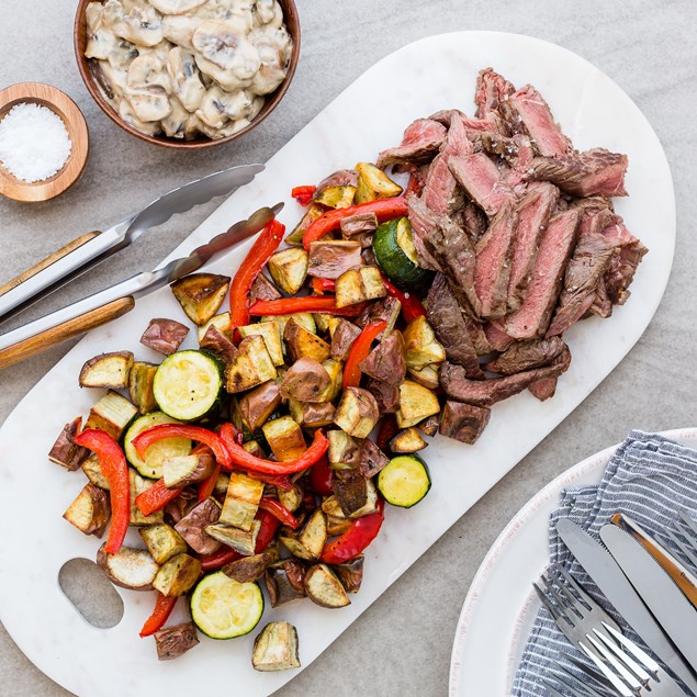 Beef Rump Steak with Roast Veggies and Mushroom Sauce