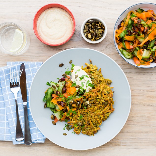 Kumara Rösti with Date Salad and Creamy Hummus