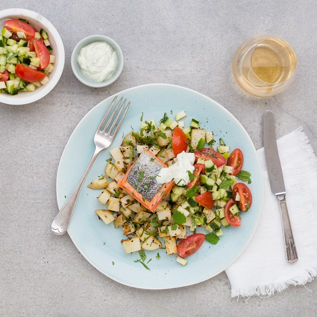 Salmon with Panch Phoron Potatoes and Coconut Kaffir Lime Yoghurt