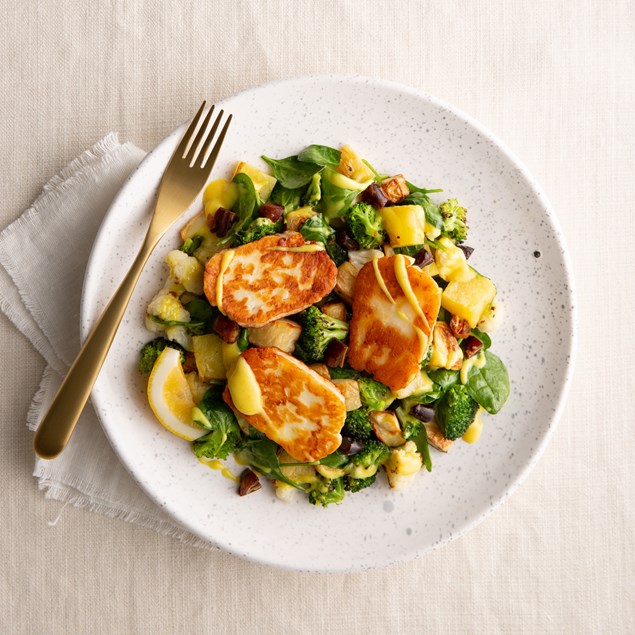 Grilled Halloumi with Potato and Cauliflower Salad and Curried Dressing