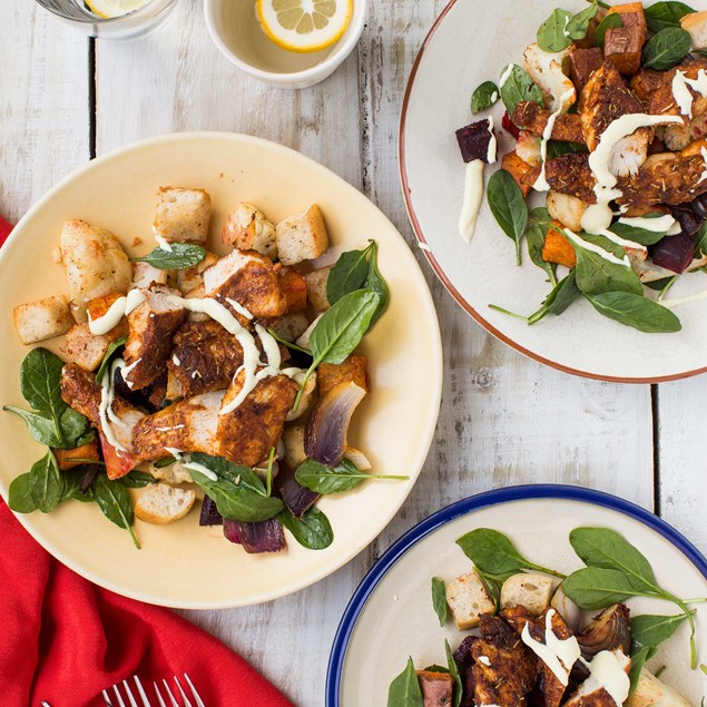 Cajun Chicken and Roast Vegetables with Croutons