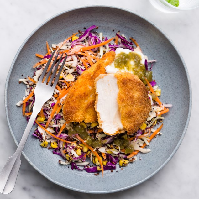 Crispy Mexican Chicken with Slaw and Tomatillo Relish