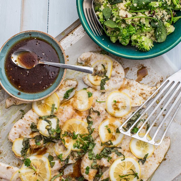 Lemon Herb Fish with Spinach and Broccoli Couscous and Pomegranate Dressing
