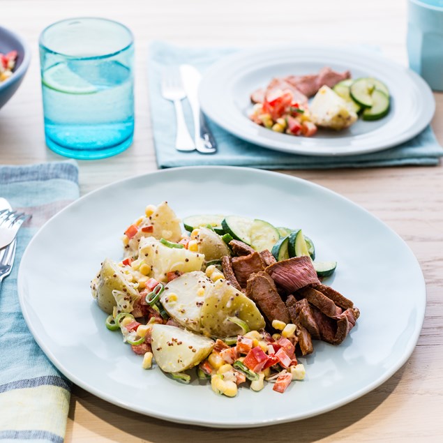 BBQ Lamb Steaks with Potato Salad and Garlic Courgettes