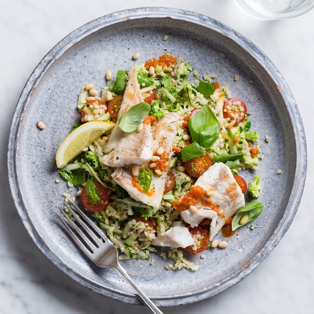 Tomato Pesto Fish with Freekeh and Tomato Salad