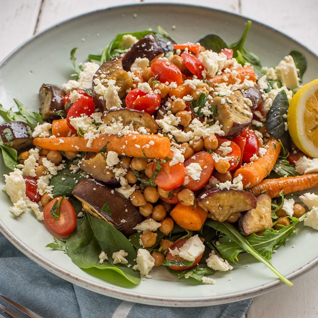 Roasted Eggplant, Chickpea and Feta Salad with Pomegranate Dressing