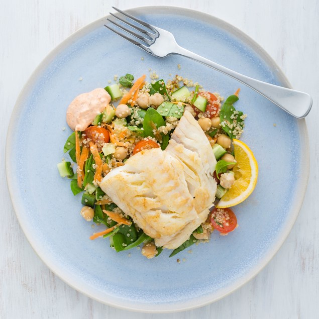 Pan-Fried Fish with Quinoa Salad and Harissa Mayo