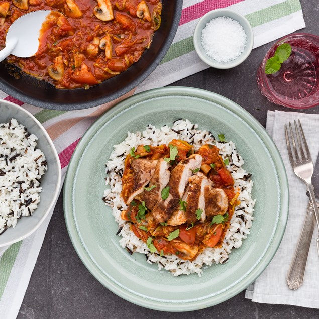 Jerk Chicken with Wild Rice and Tomato, Leek and Mushroom 