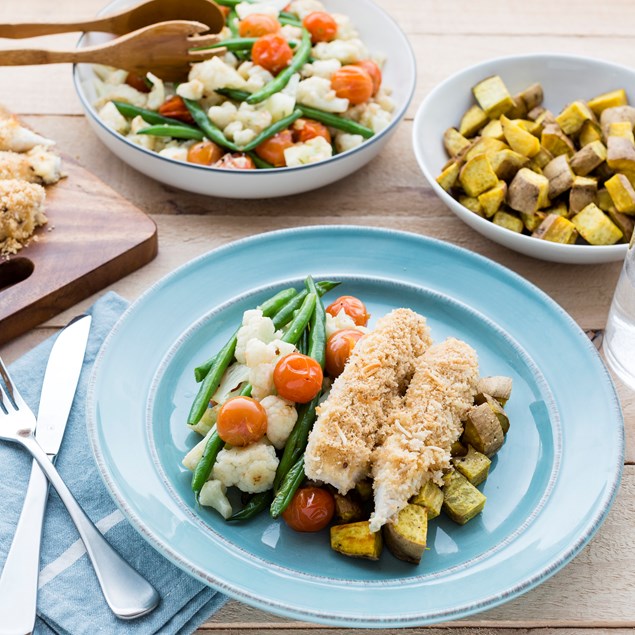 Coconut Panko-Crumbed Fish with Kumara Roasties 