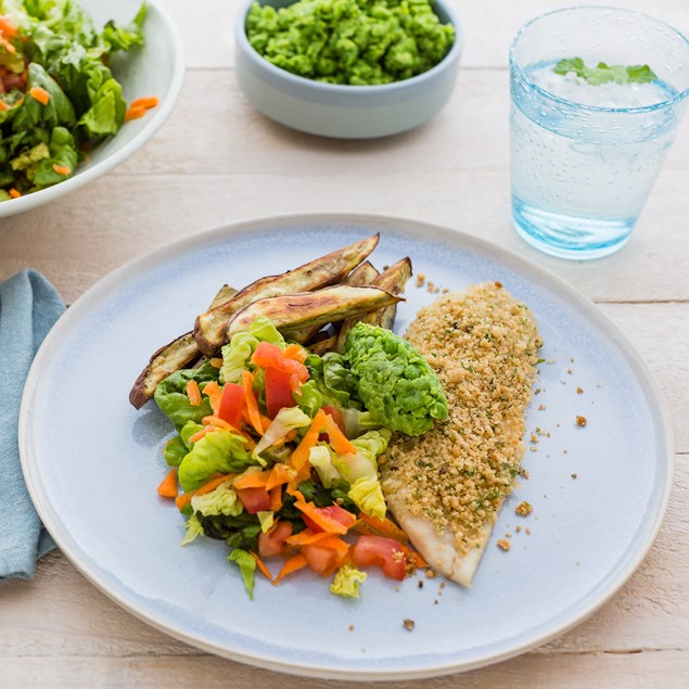 Herb-Crusted Fish N' Chips with Smashed Peas