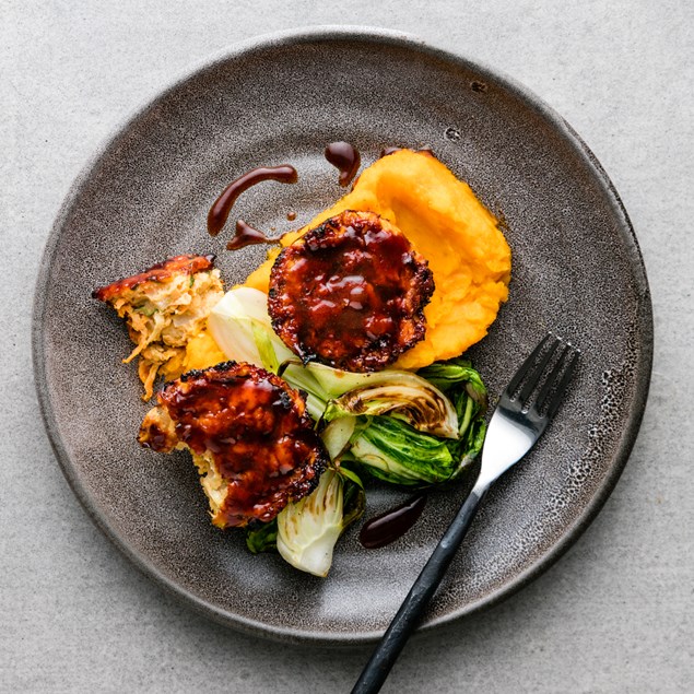 Veggie Tempeh Loaf with Pumpkin Mash and BBQ Plum Glaze