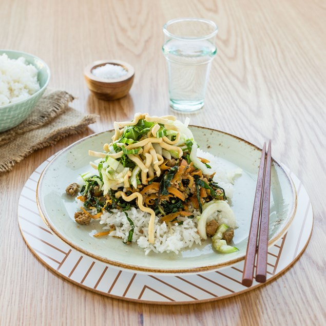 Lemongrass and Ginger Pork with Rice and Crispy Noodle Salad