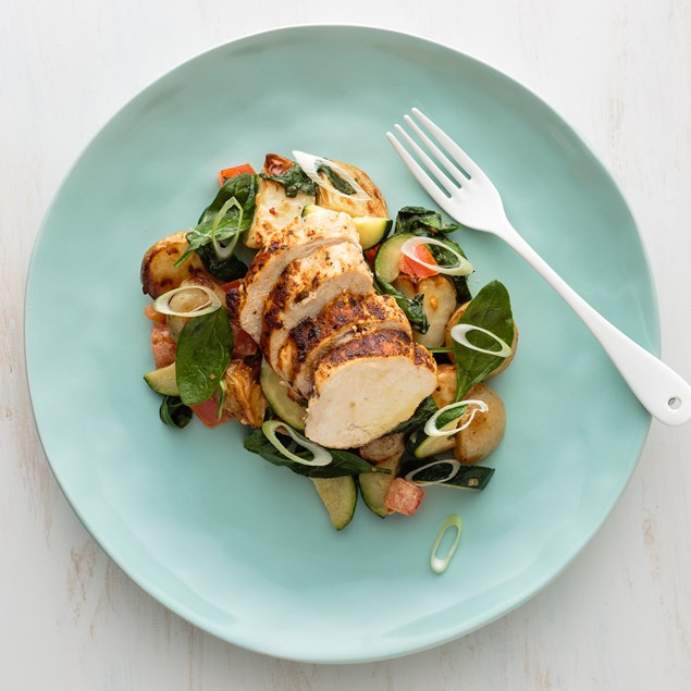 Chermoula Chicken with Roasted Potato Salad and Courgette 