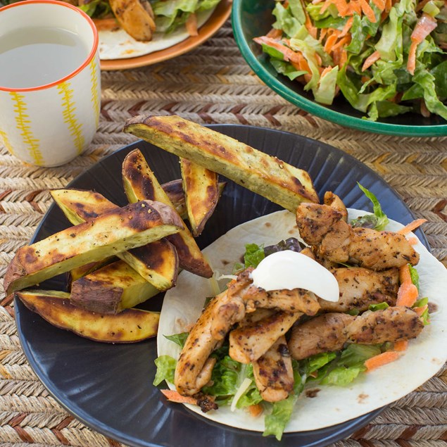 Cajun Chicken Tacos with Kumara Chips and Salad Slaw