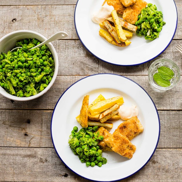 Crumbed Fish Bites with Chips, Crushed Greens and Sweet Chilli Mayo