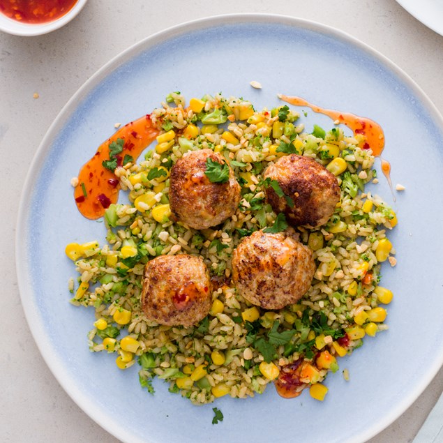 Vietnamese Pork Meatballs with Veggie Rice and Nuoc Mam Dressing
