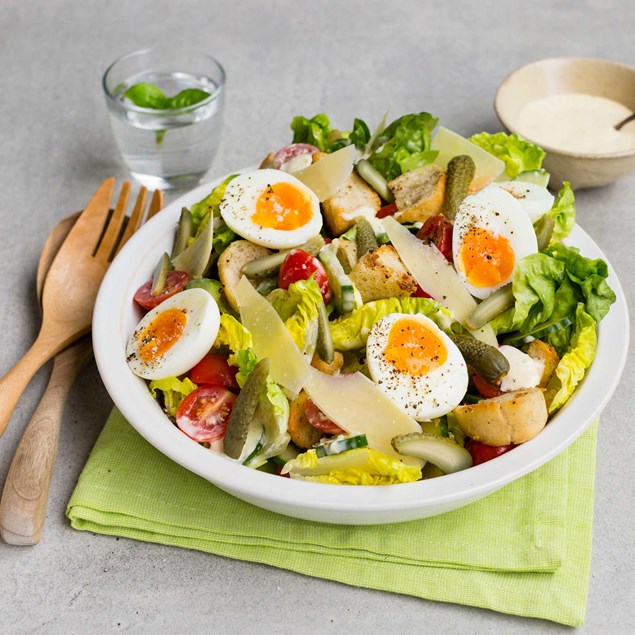 Egg Caesar Salad with Ciabatta Croutons and Garlic Parmesan Dressing