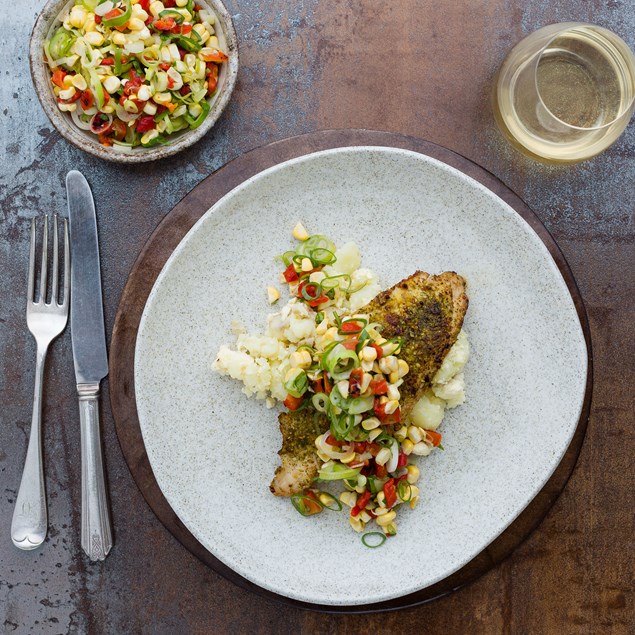 Chermoula Fish with Crusted Feta Potatoes and Corn Salsa