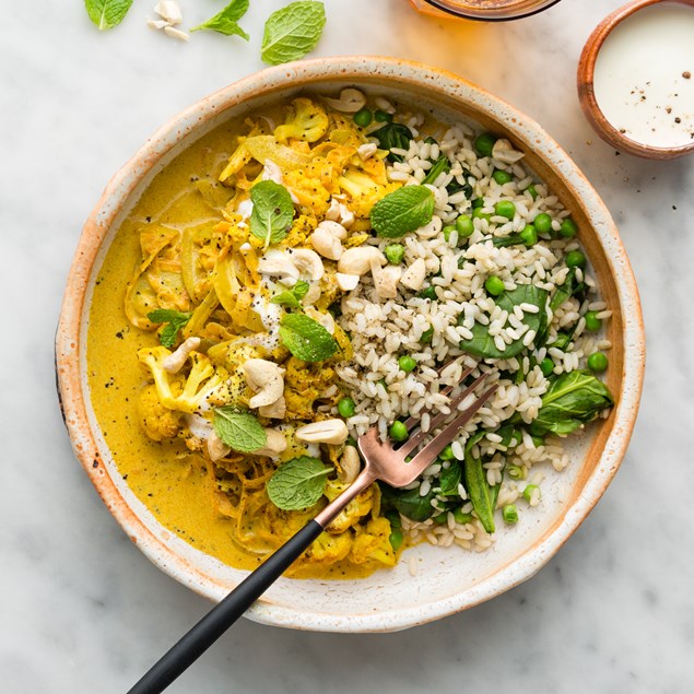 Roasted Cauliflower & Haloumi Korma with Brown Rice & Cashews