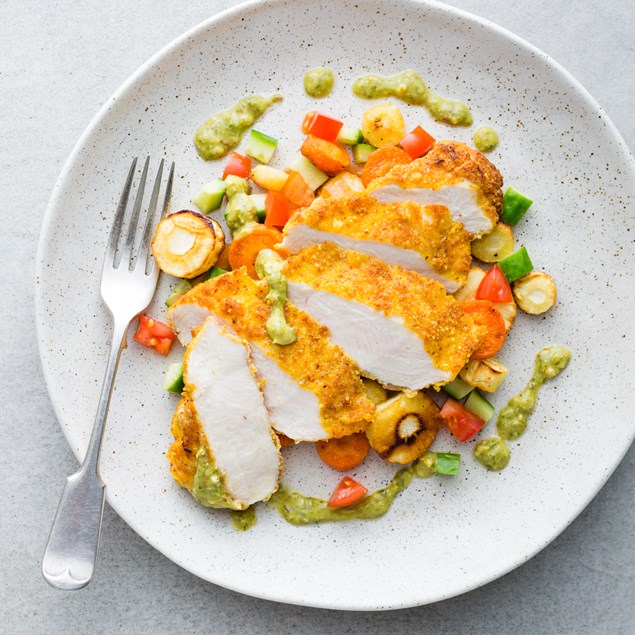 Falafel Chicken Schnitzel with Roasted Vegetables and Salsa Verde