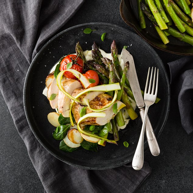 Mediterranean Chicken with Purple Asparagus & Roasted Vine Tomatoes