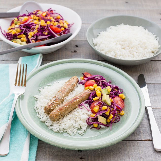 Pork, Coriander and Ginger Sausages with Coconut Rice