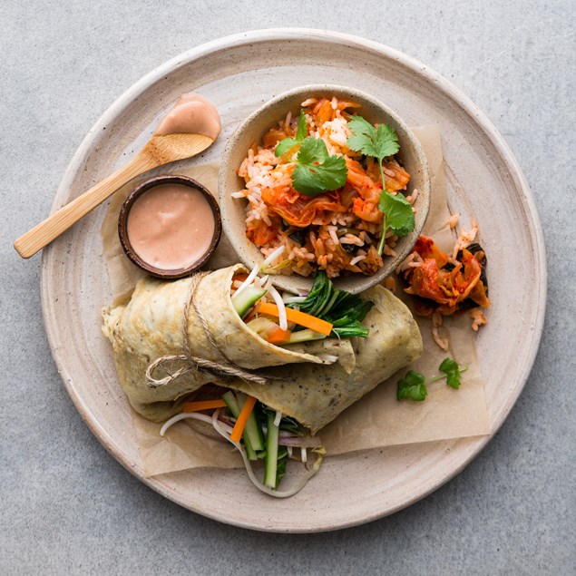 Korean Egg Wraps with Kimchi Rice and Gochugaru Drizzle