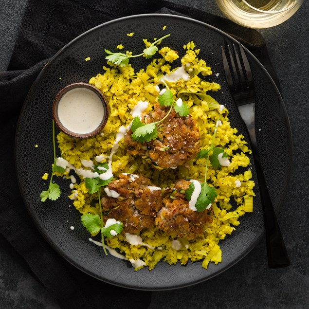 Tandoori Pork Cakes with Cauliflower Couscous and Raita
