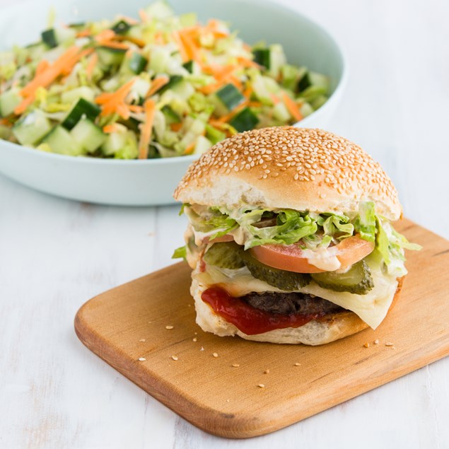 Cheese Burgers with Burger Sauce and Pickles
