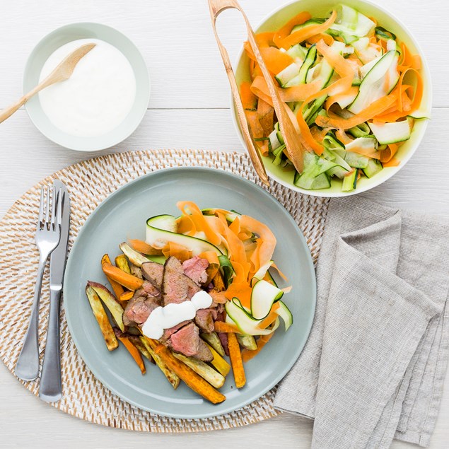 Indian Butterflied Lamb Leg with Ribbon Salad and Yoghurt Dressing