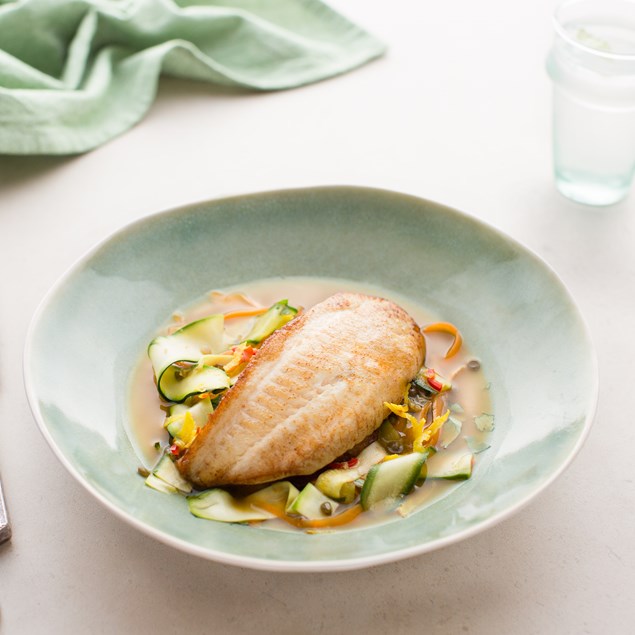 Fish with Raw Summer Salad and Carrot Ginger Chilli Dressing