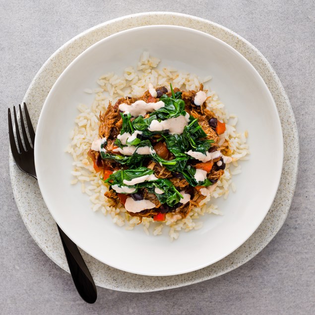Pulled Pork Hoppin’ John with Brown Rice and Sauteed Spinach