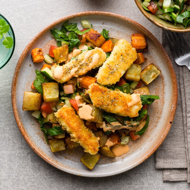 Crumbed Haloumi Fingers with Spanish Potatoes and Cucumber Salsa