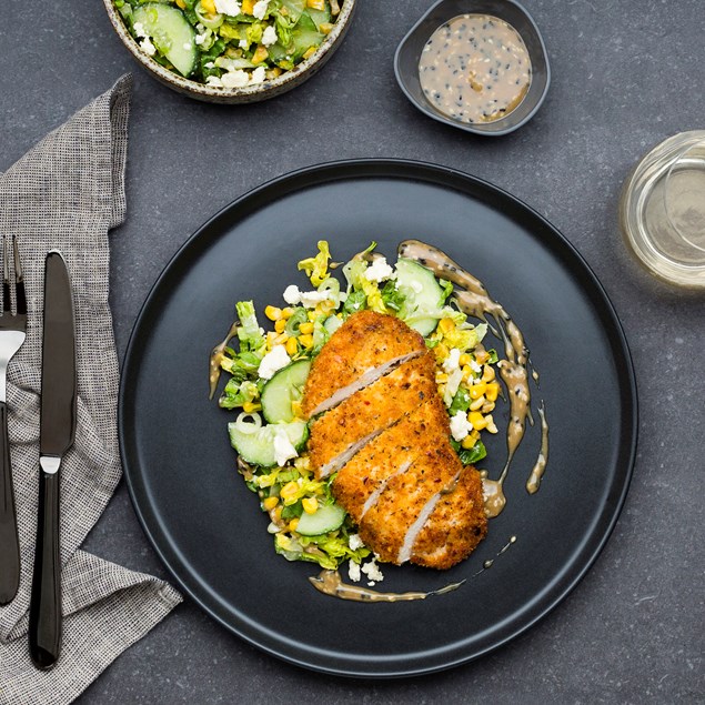 Peri Peri Crusted Chicken Salad with Sweetcorn and Tahini Dressing