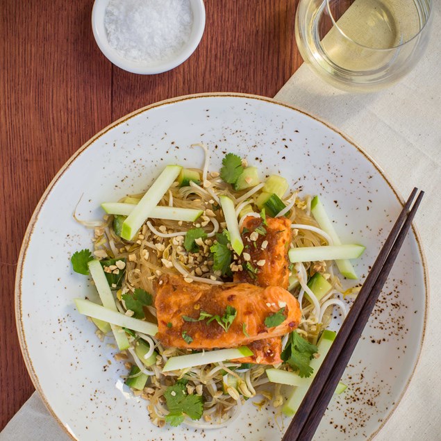 Sambal Salmon with Vermicelli Mung Bean Salad, Peanuts and Apple