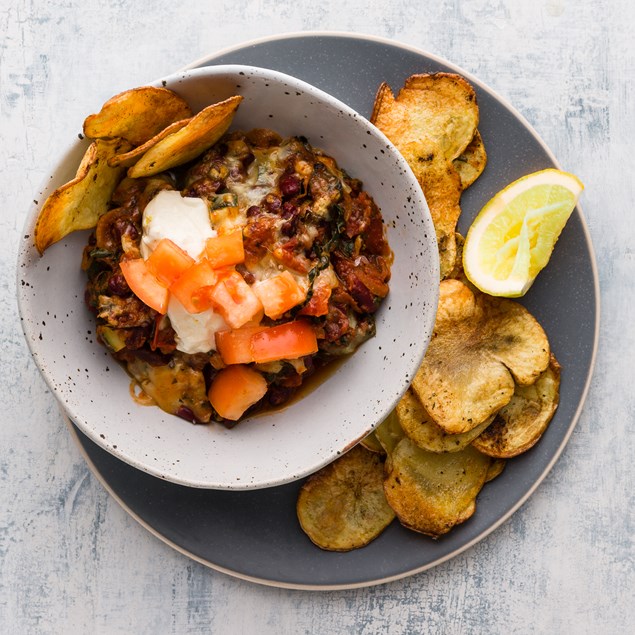 Cheesy Mexican Beans with Potato Dippers and Lime Sour Cream