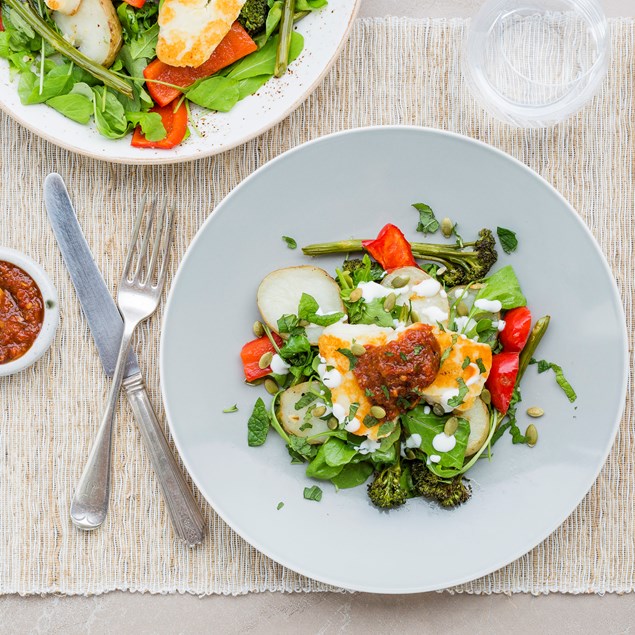 Haloumi with Roast Veggie Salad and Tomato Chilli Jam