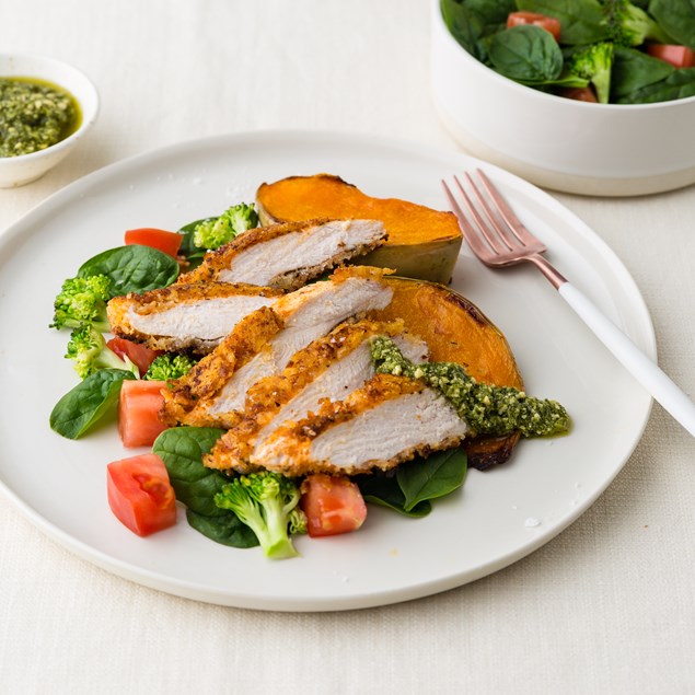 Parmesan Crusted Chicken with Pumpkin Wedges and Basil Pesto Aioli