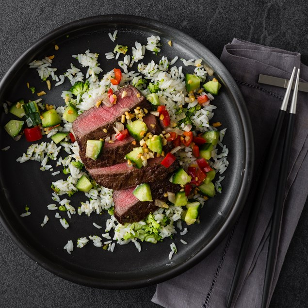 Sticky Asian Beef Eye Fillet with Cucumber and Peanut Salsa