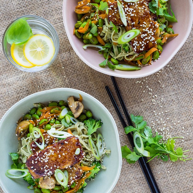 Teriyaki Tofu with Sesame Edamame and Mung Bean Fettuccine