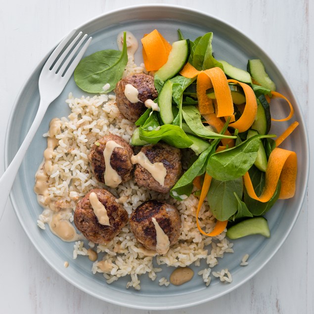 Satay Beef Meatballs with Brown Rice and Rocket Salad