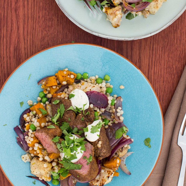 Ras el Hanout Lamb Steaks with Sumac Roast Vegetables and Pearl Couscous