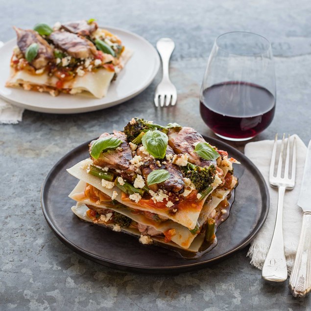 Duck and Vegetable Lasagne with Feta and Balsamic Glaze