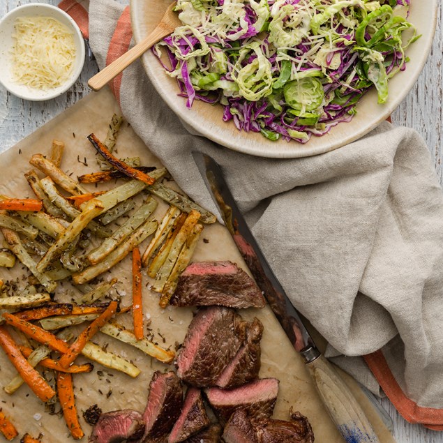 Beef Rump Steaks with Chips and Brussels Sprout Caesar Salad
