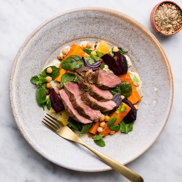 Fragrant Lamb Steak with Harissa Veggies and Feta Whip