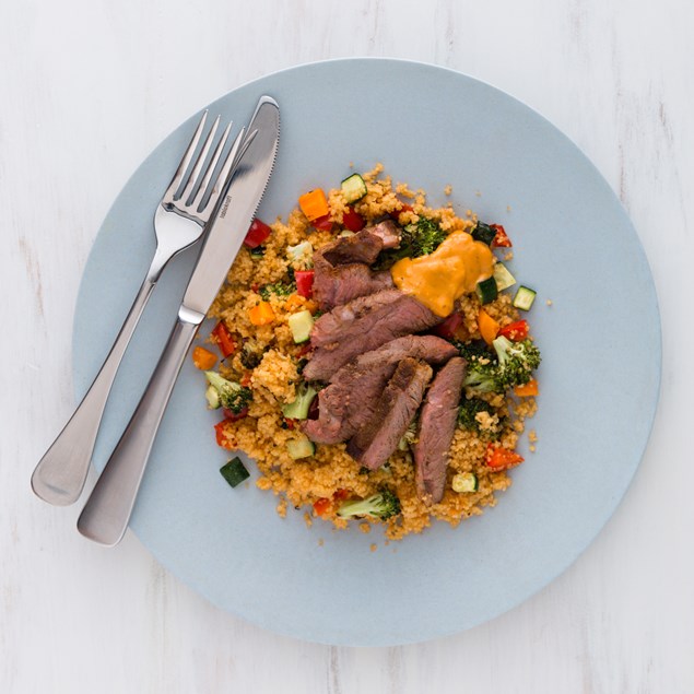 Lamb Leg Steaks with Veggie Couscous and Tomato Pesto Mayo