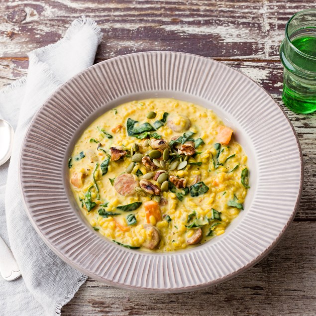 Chorizo and Saffron Risotto with Roasted Pumpkin and Walnuts