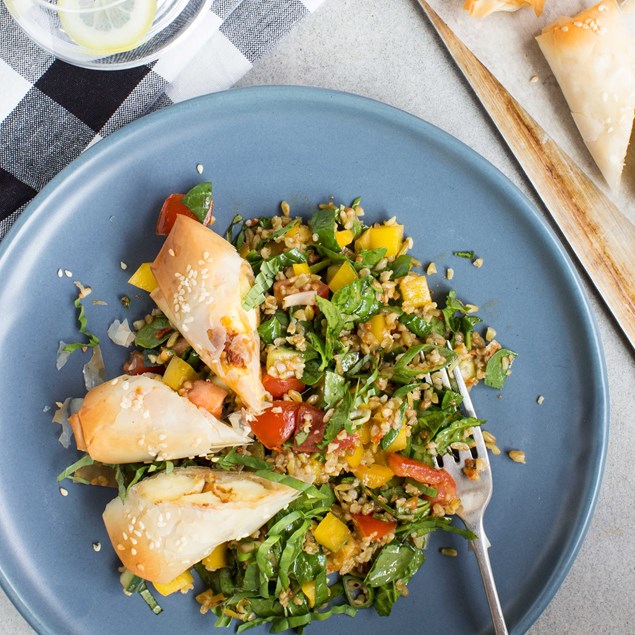 Sundried Tomato Haloumi Filo Rolls with Freekeh Tabbouleh