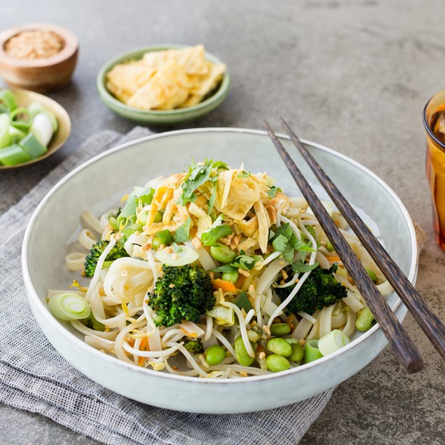 Vegetarian Pad Thai with Broccolini and Edamame Beans